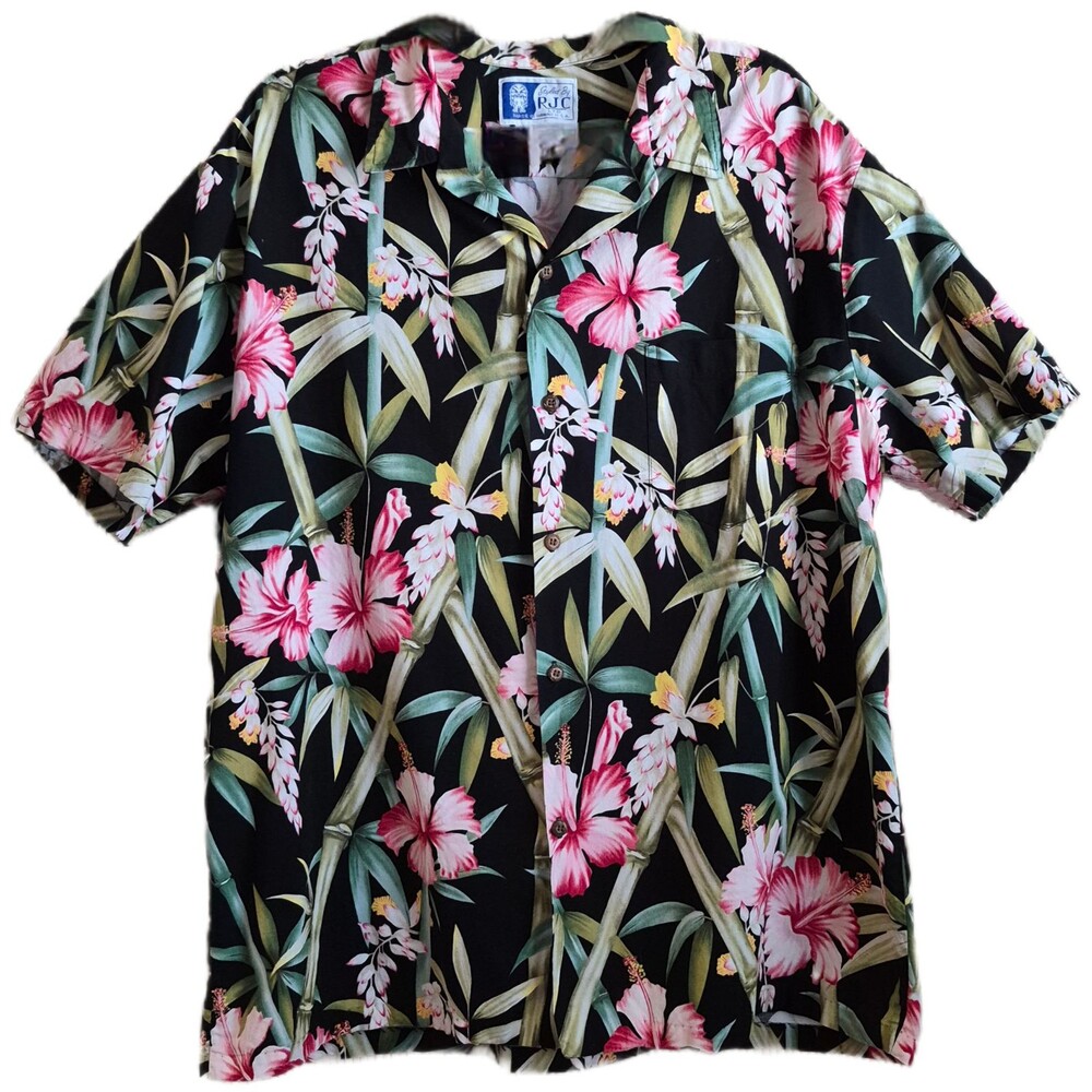 RJC Men's Aloha Shirt Size 2XL Black Floral Hibiscus Hawaii Tropical Beach USA